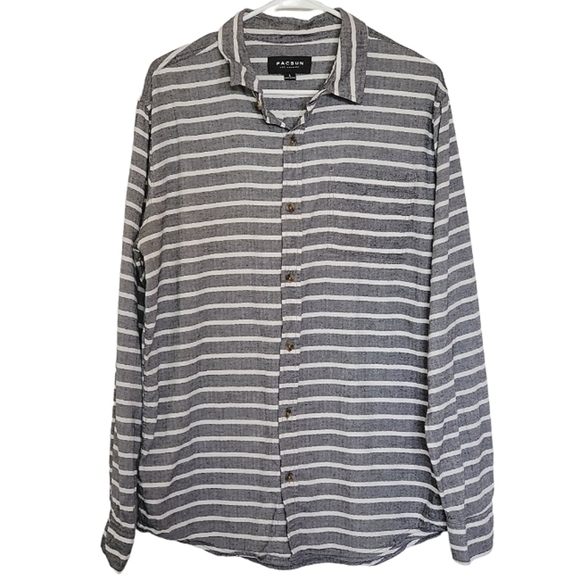 7137 * PacSun Mens Striped Long Sleeve Button Down Gray/White Size L - Picture 1 of 9